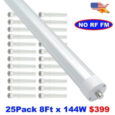 25 Pack 8Ft LED Shop Lights Single Pin 144W 6500K 8' LED Bulbs T8 T12 LED Tube