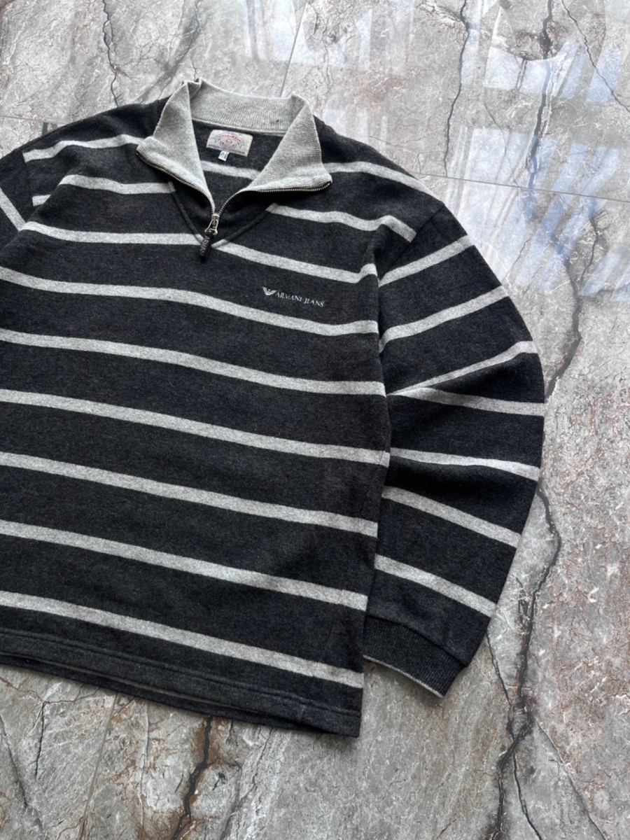90s ARMANI ハイネックカシミヤウールニットシャツ 名作 初期 Vintage Armani Jeans Quarter Zip Wool Sweater Men's XL Grey