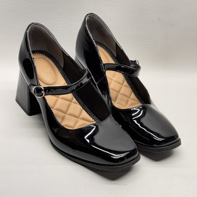 Rachel Zoe Mary Jane Pumps Women 8.5 Black Patent Block Heel Square Toe Retro