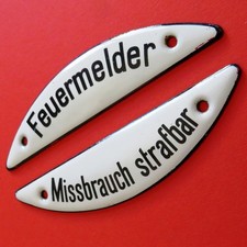 FEUERMELDER MISSBRAUCH STRAFBAR = 2 antike Emailschilder 30er Feuerwehr PERFEKT