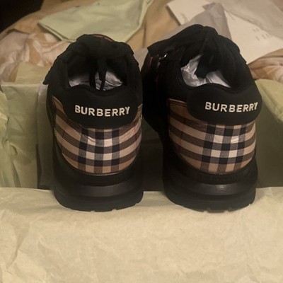 Burberry Low Top Sneaker Black Red Check Leather Men's New with Box