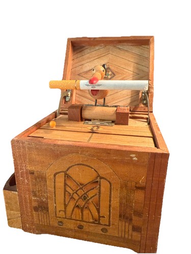 Antique Japanese Mechanical Marquetry Inlay Wood Cigarette Box Mechanical+Sound