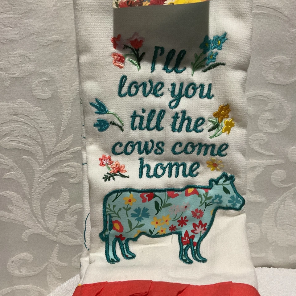 Juego de 2 toallas de cocina de granja de vaca floral dobladillo con volantes bordadas para mujer pionera Foto 2 de 4