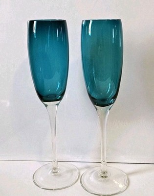 2 Tall Aqua Teal Champagne Flutes Glasses Clear Stem 10''