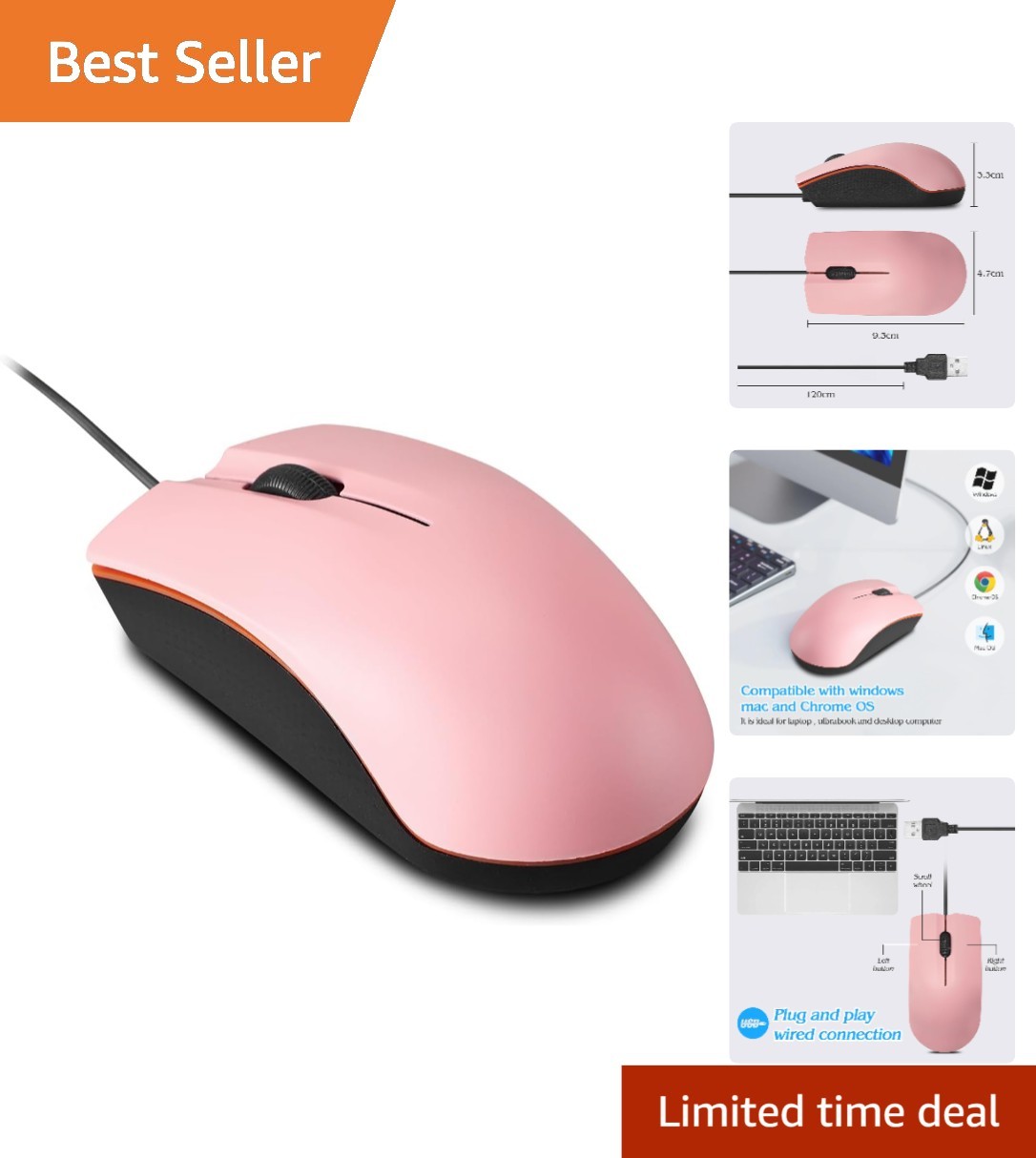 Stylish Pink Ergonomic Wired Mouse for Laptops, PCs & More - Reliable Comfort
