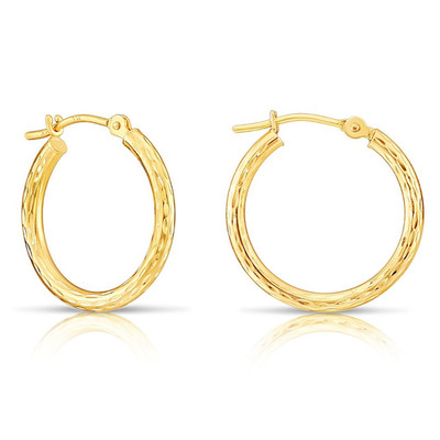 10K Real Solid Gold Hand Engraved Full Diamond-Cut Round Hoop Earrings All Sizes