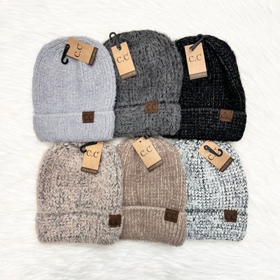 C.C Fuzzy Two Tone Cuff Beanie for Adults, Winter Hats, Premium Hats, Warm Hats