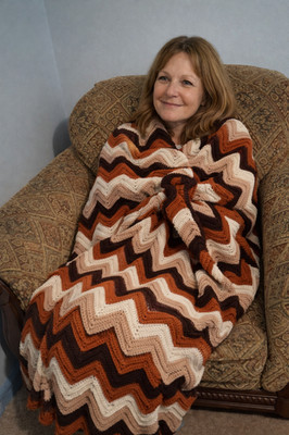 VTG Handmade Crochet Chevron Afghan 30'' x 60'' Brown Rust Cream Boho Throw OOAK