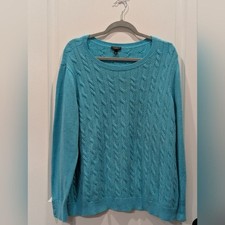 Talbots Woman Petite 3XP Cable Knit Sweater Turquoise Aqua Blue Cotton Blend