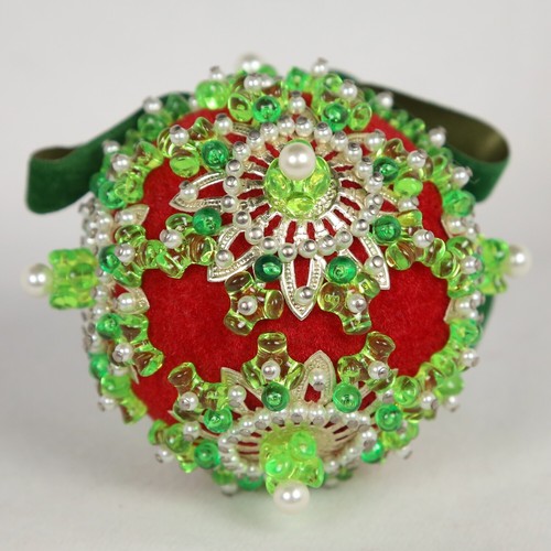 Vintage 3.25” Beaded Red, Green, Silver Sequin Push Pin Christmas Ornament