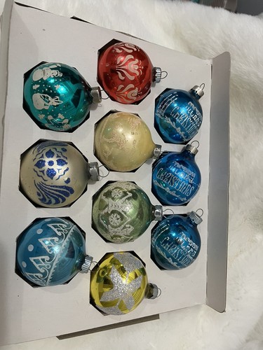 Vintage Lot 10 Mercury Glass Christmas Ornaments, Stencil Shiny Brite & US Made - Picture 9 of 9