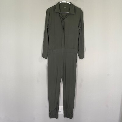Monrow Crepe Jumpsuit Women's Size M Long Sleeve Button Up Olive Green Rayon