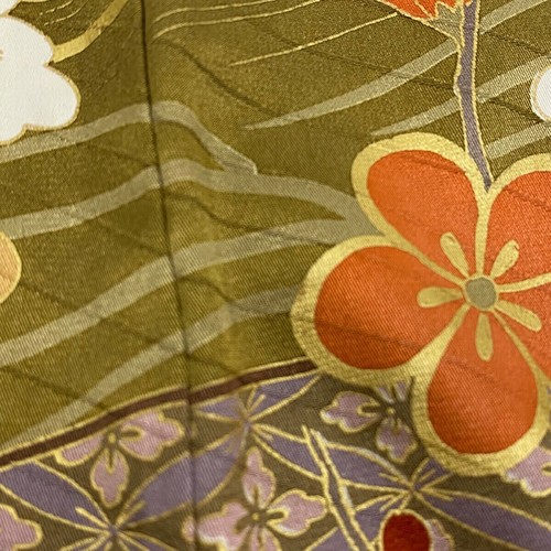 Japanese kimono SILK FURISODE Plum Blossom Fan Gilding Color Gradation Red Brown - Picture 5 of 7
