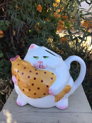 VTG  90 Clay Art Cat Holding  Fish Pitcher- MISSING LID FOR REPLACEMENT OR CRAFT
