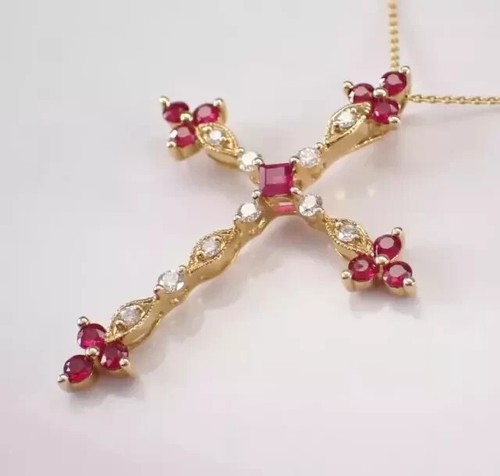 Lab Created Red Ruby 2.00CT Round Cut Cross Pendant 14K Yellow Gold Plated - Picture 3 of 9