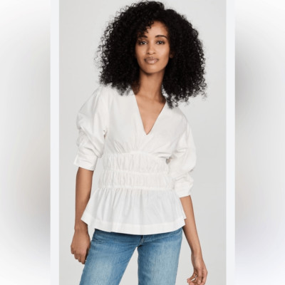 NEW Jonathan Simkhai Yuni Cotton Poplin Ruched Blouse White Size 8