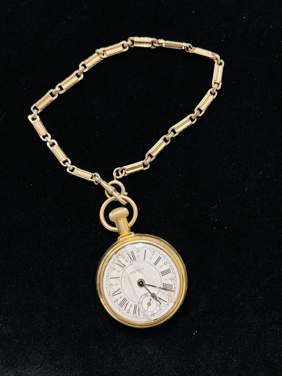 Westclox Engraved Train Locomotive Pocket Watch Chain Gold Tone