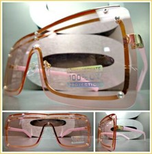 Oversized VINTAGE Exotic RETRO Shield Style SUNGLASSES Gold Pink Frame Flat Lens