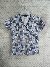 Absolute Scrub Top Size XS Blue Penguins Snowflakes V Neck Short Sleeve Career