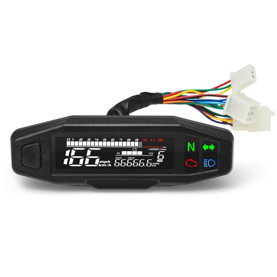 Universal Digital LCD Speedometer Tachometer Fuel Gauge for Motorcycle 12V Black - Image 2 of 4