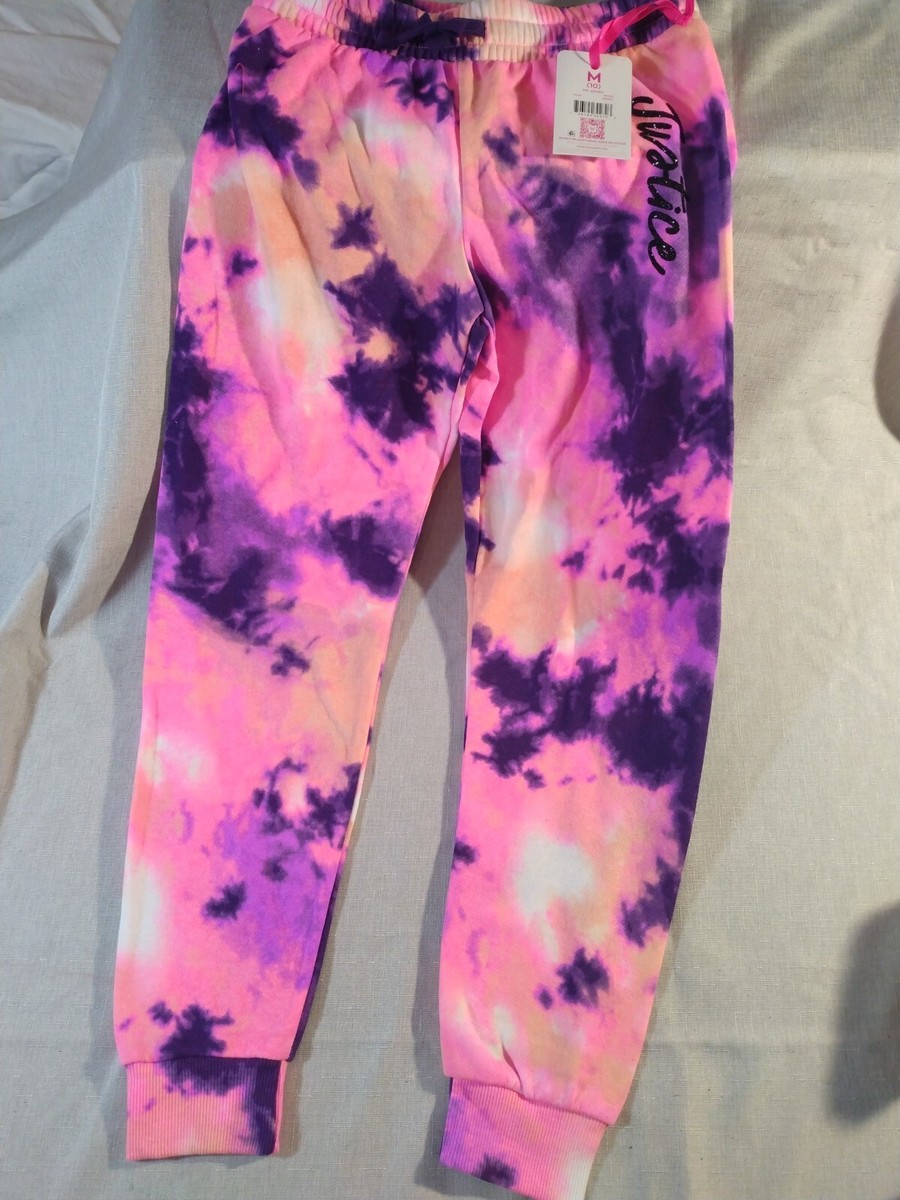 Justice Girls Fleece Jogger Sweatpants Pink Purple Tie Dye Glitter