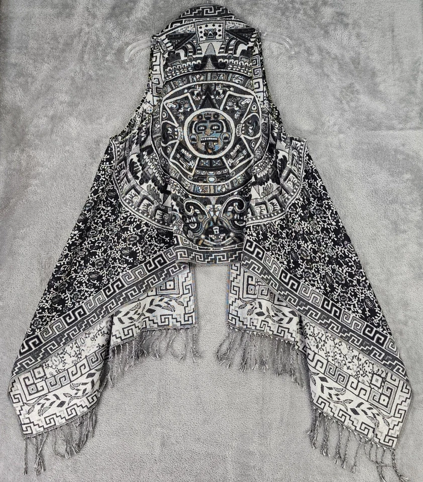 Chaleco Mexicano Mujer L/XL Plateado Metálico Estampado Azteca Borlas Flecos Frente Abierto Foto 2 de 4