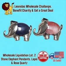 2 New Elephant Silver Plated Stone Pendants Lot. Rose Quartz + Blue Lapis 
