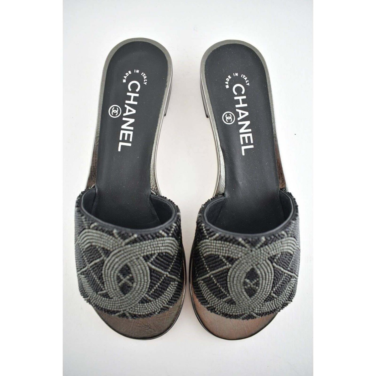 Chanel 20P Black Grey Pearl Embroidery Bead CC Logo Slide Sandal
