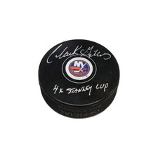 CLARK GILLIES Signed New York Islanders Puck with 4x Stanley Cup Inscription