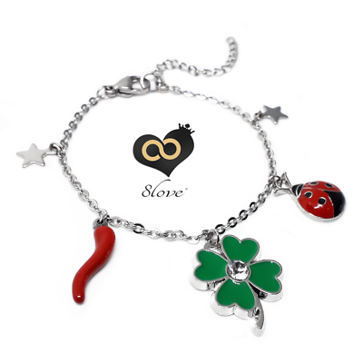 Bracciale portafortuna con ciondoli - Acciaio - Quadrifoglio