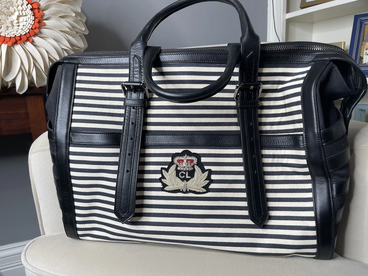 CHRISTIAN LOUBOUTIN Cream Black Stripe Metallic Leather Weekender Bag XL