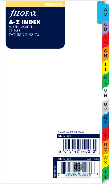 Filofax Personal size A-Z Index Multi Coloured Divider Organiser Refill 131608