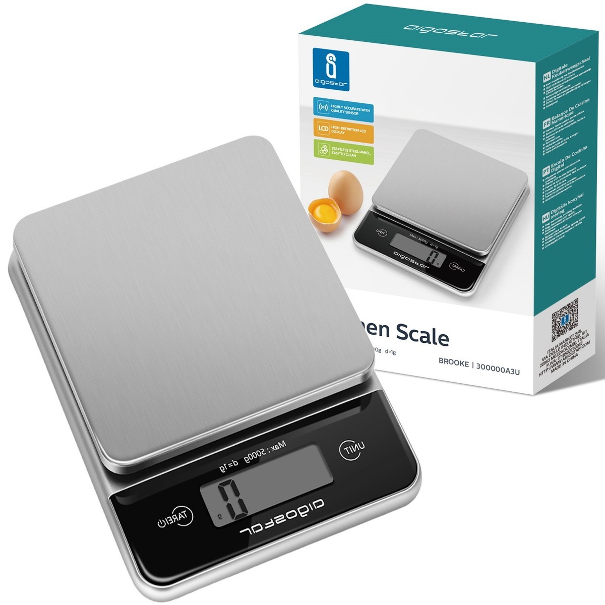 Aigostar Brooke - Bilancia da Cucina Digitale con Funzione Tara e Display LCD, 5kg/11 lbs Professionale Acciaio Inox Alta Precision Bilancia Elettronica, Spegnimento Automatico, Facile da Pulire