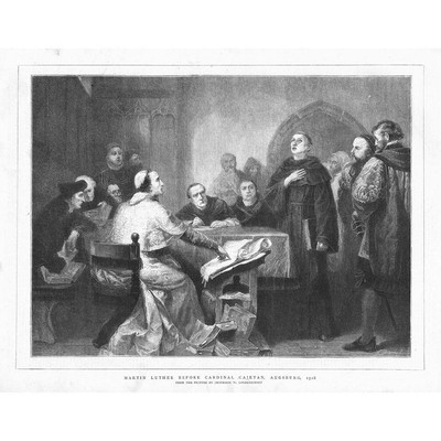 Martin Luther vor Kardinal Cajetan in Augsburg 1518 - Antiker Druck 1877