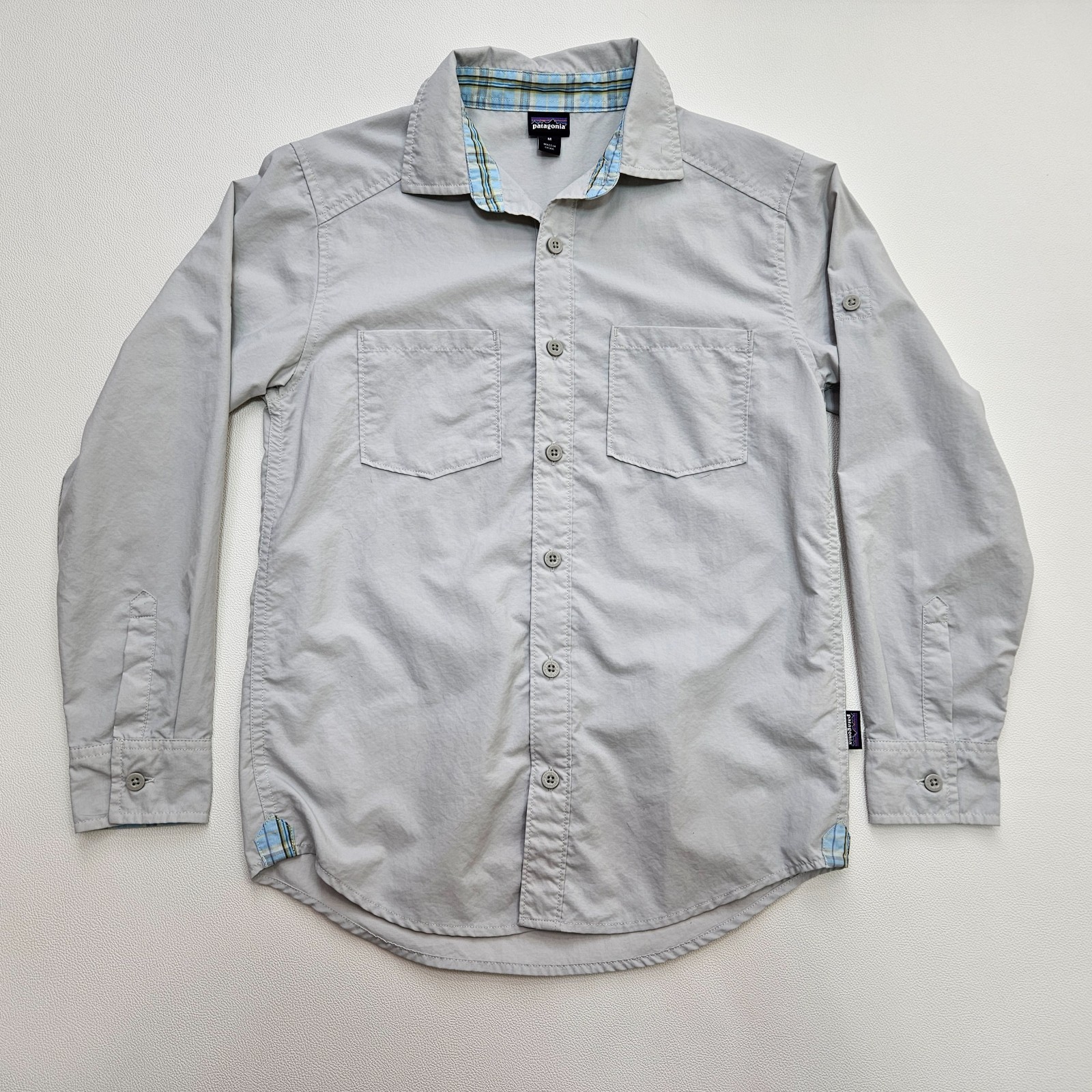 Patagonia Boys Long Sleeve Rio North Shirt Youth Medium Grey Roll Up Sleeves