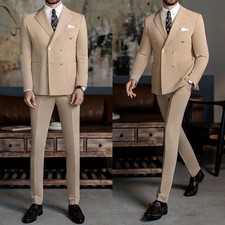 Men Suits Double Breasted Regular Fit Wedding Groom Tuxedos Peak Lapel Business