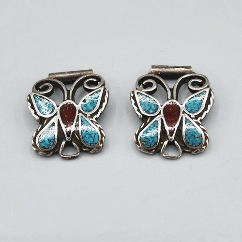 Vintage Navajo geschliffene Türkis Koralle Sterlingsilber Schmetterling Uhrenspitzen 8,3 g