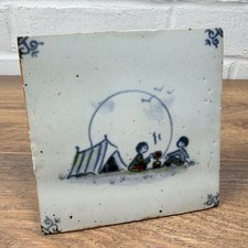 Late 20th Century Delft Style Ceramic Tile Camping Campfire Decorative Tile