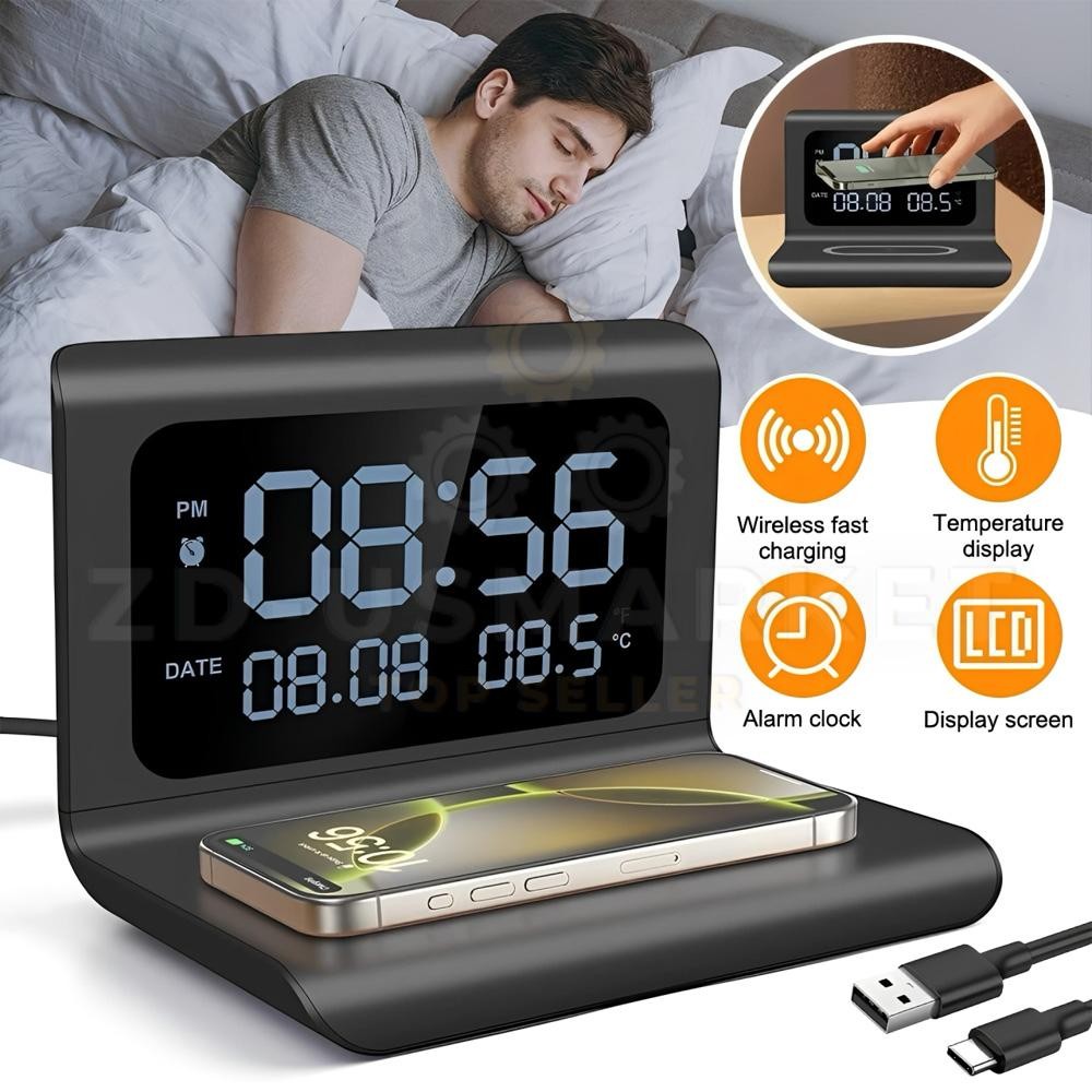 15W Alarm Clock Wireless Charger Station With LED Temp Display Multifunction New