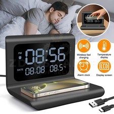 15W Alarm Clock Wireless Charger Station With LED Temp Display Multifunction New