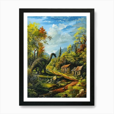 Dinosaurier in einem alten Dorf Schmerz gerahmtes Wandbild Poster Leinwanddruck Bild