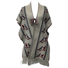 VTG 70s Grey Bird Floral Boho Knit Tie Open Front Tassel Poncho Cape Sweater OS
