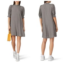 Ganni Gingham Mini Dress Size 36 Black White Crepe Puff Sleeve Lightweight