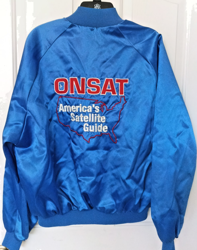 Chaqueta de bombardero de satén bordada guía satélite OnSat ropa deportiva castaño rojizo XL de colección - Imagen 1 de 7