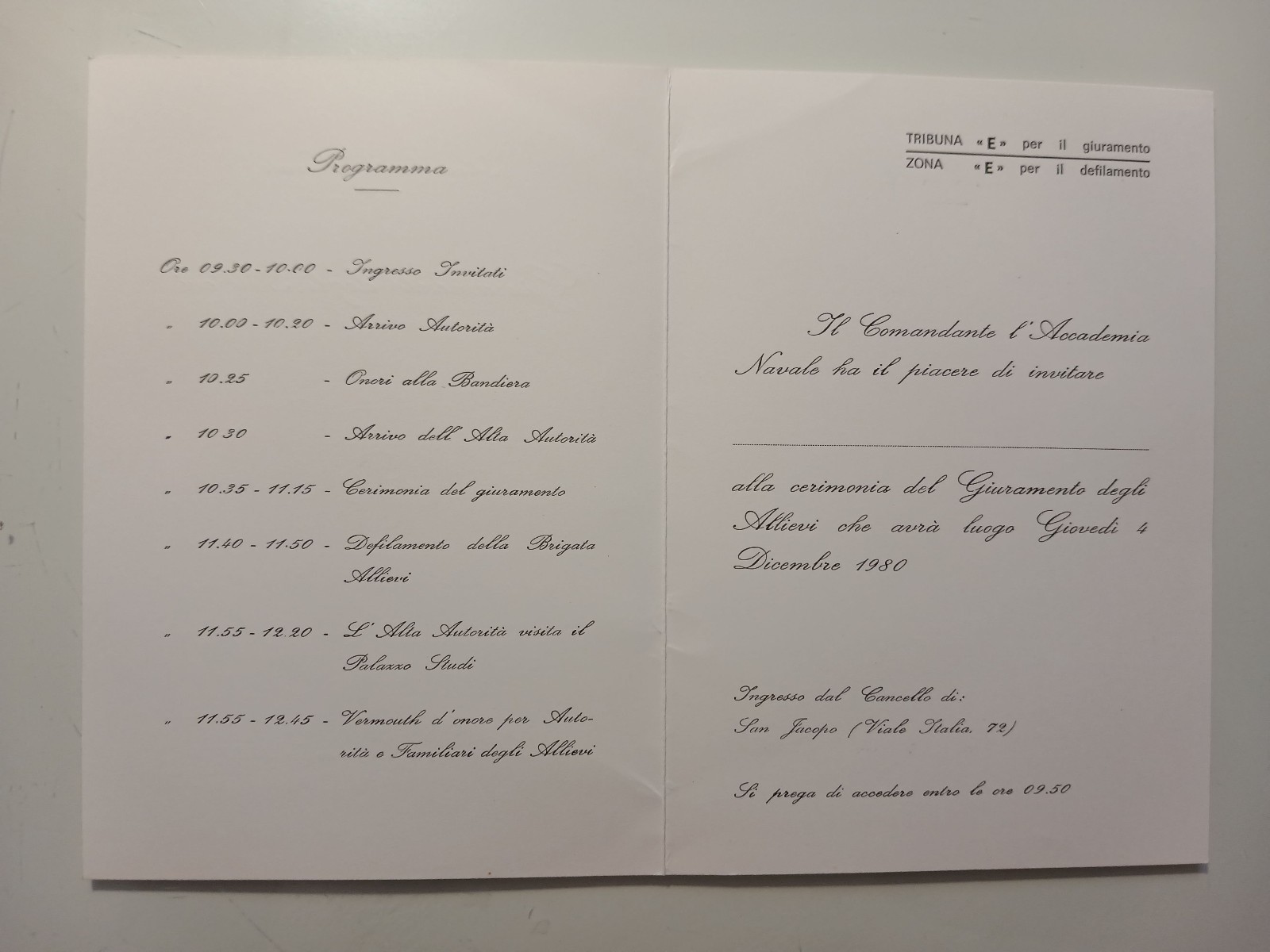 Cartoncino Invito "ACCADEMIA NAVALE DI LIVORNO GIURAMENTO ALLIEVI 1980"
