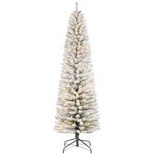7.5/6FT Flocked Pencil Christmas Tree Pre Lit Warm White LED Lights Slim Design
