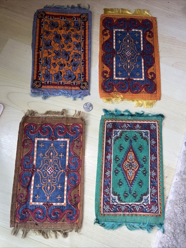 Lot of 4 Vintage Dollhouse Rugs Unique Colorful Miniature Textiles SEE PHOTOS