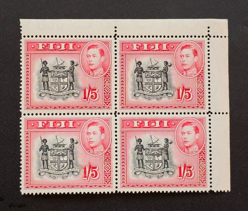Fiji 1938 KGV1  SG 263 1/5d Carmine Coat of Arms of Fiji Corner BLOCK of 4 MNH