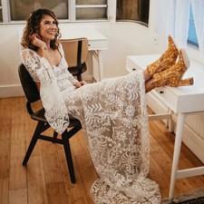 Long Batwing Sleeves Lace Wedding Dress Drop Ship Custom Mermaid Rustic Beach