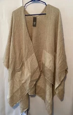 Vince Camuto Tan Metallic Knit Poncho Wrap Shawl Cape One Size Cozy Soft VTG
